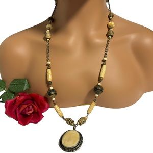 Stunning Statement Necklace Tan Cream Brown beaded Boho Hippie NEW NWOT